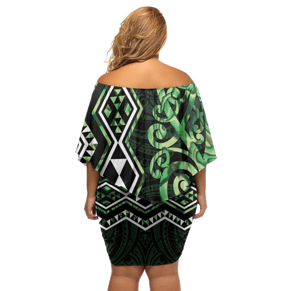 Green Aotearoa Off Shoulder Short Dress Taniko Motifs With Paua Shell Kowhaiwhai