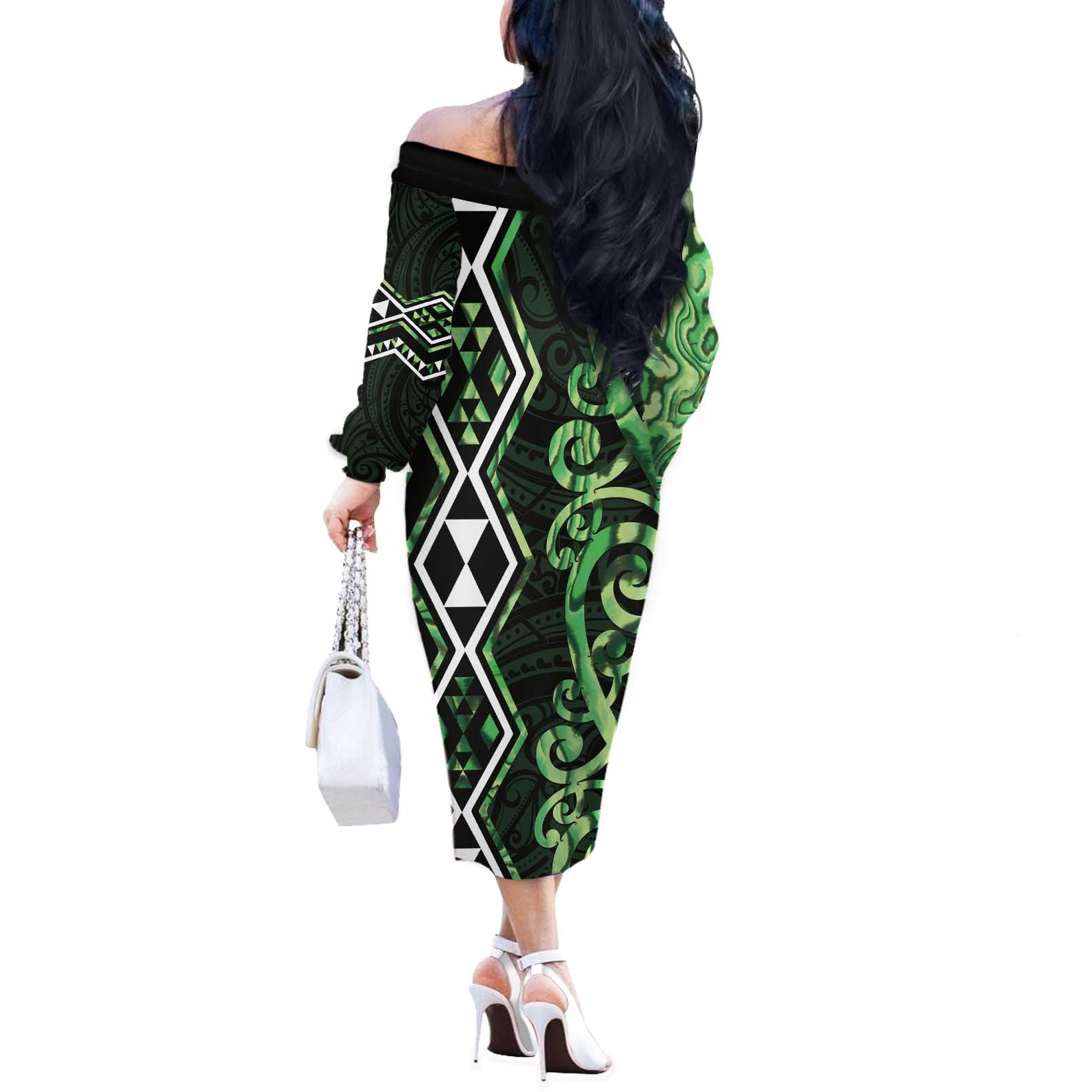 Green Aotearoa Off The Shoulder Long Sleeve Dress Taniko Motifs With Paua Shell Kowhaiwhai