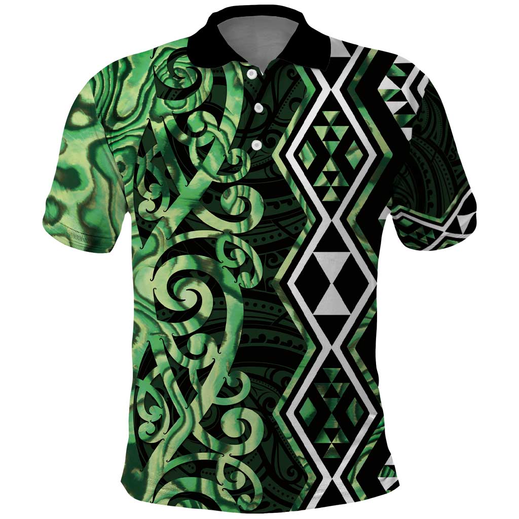 Green Aotearoa Polo Shirt Taniko Motifs With Paua Shell Kowhaiwhai - Vibe Hoodie Shop