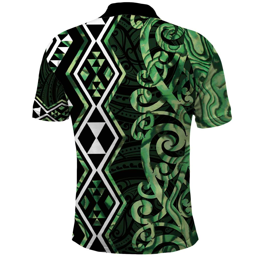 Green Aotearoa Polo Shirt Taniko Motifs With Paua Shell Kowhaiwhai - Vibe Hoodie Shop