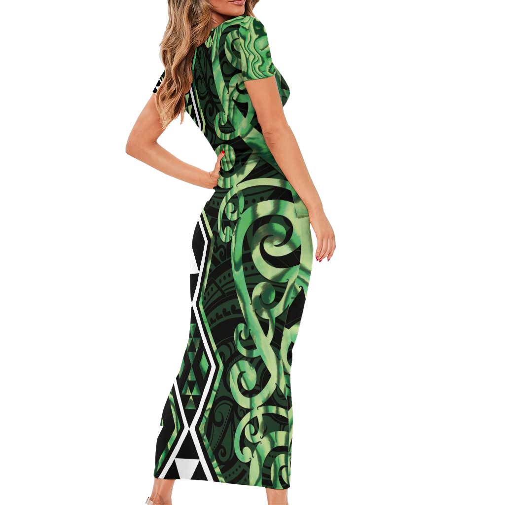 Green Aotearoa Short Sleeve Bodycon Dress Taniko Motifs With Paua Shell Kowhaiwhai