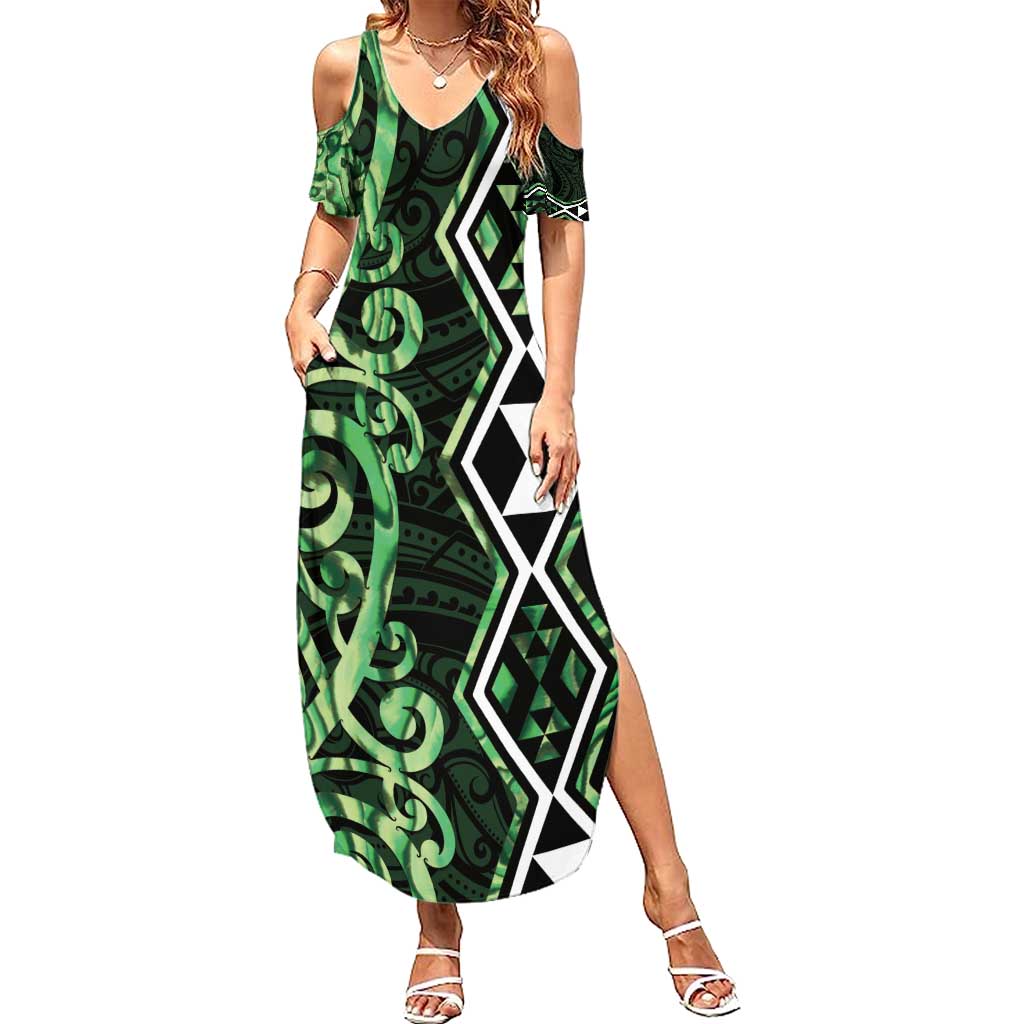 Green Aotearoa Summer Maxi Dress Taniko Motifs With Paua Shell Kowhaiwhai