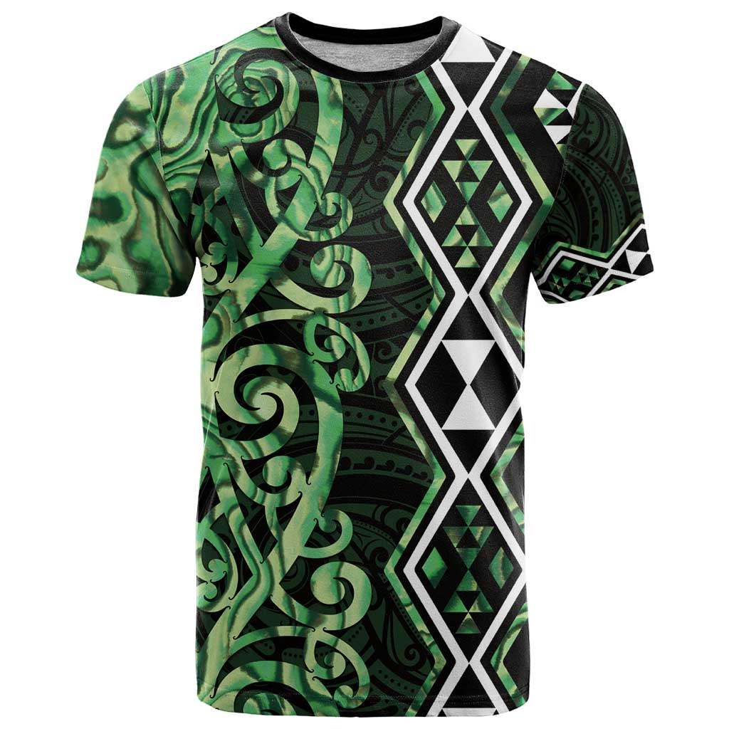 Green Aotearoa T Shirt Taniko Motifs With Paua Shell Kowhaiwhai - Vibe Hoodie Shop