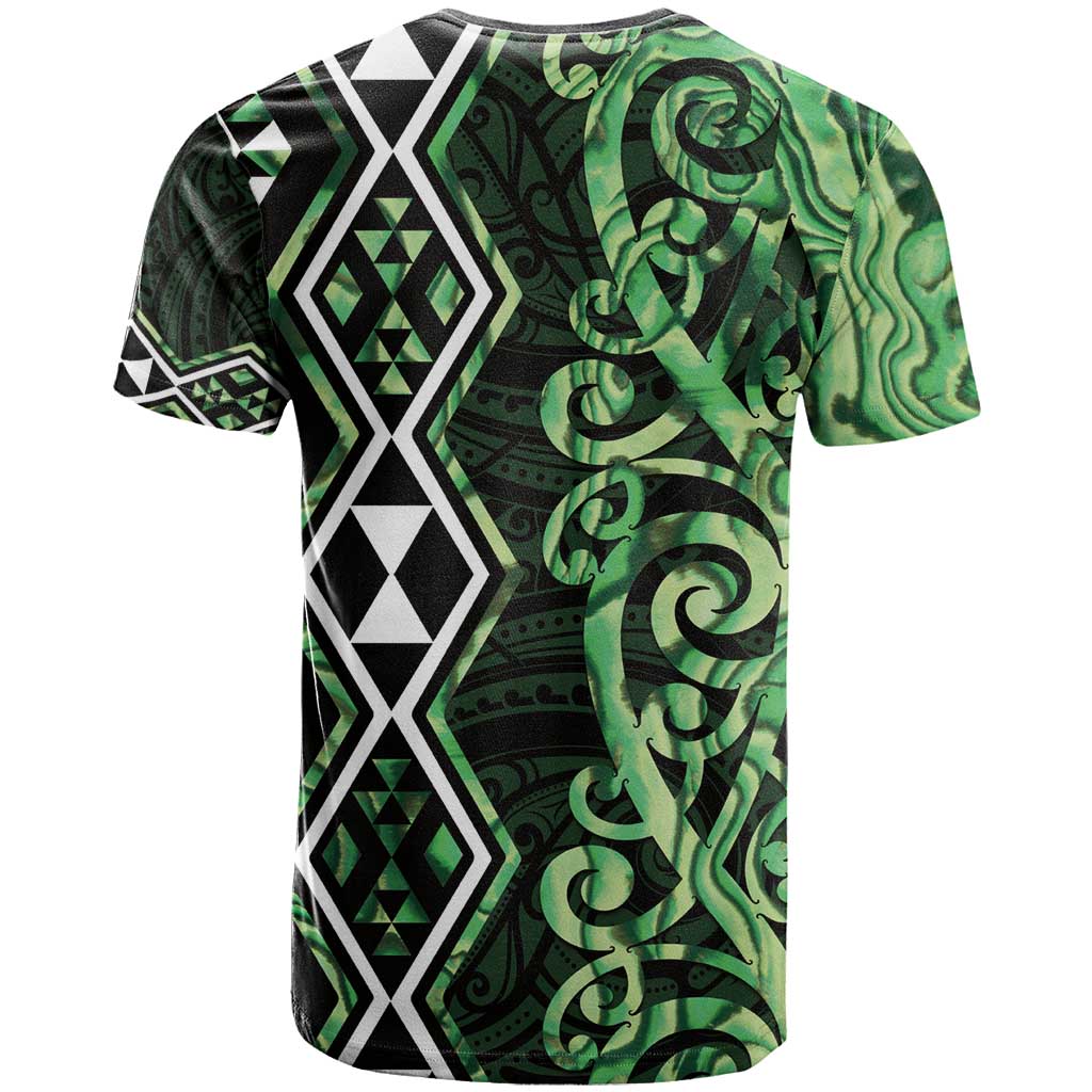 Green Aotearoa T Shirt Taniko Motifs With Paua Shell Kowhaiwhai - Vibe Hoodie Shop