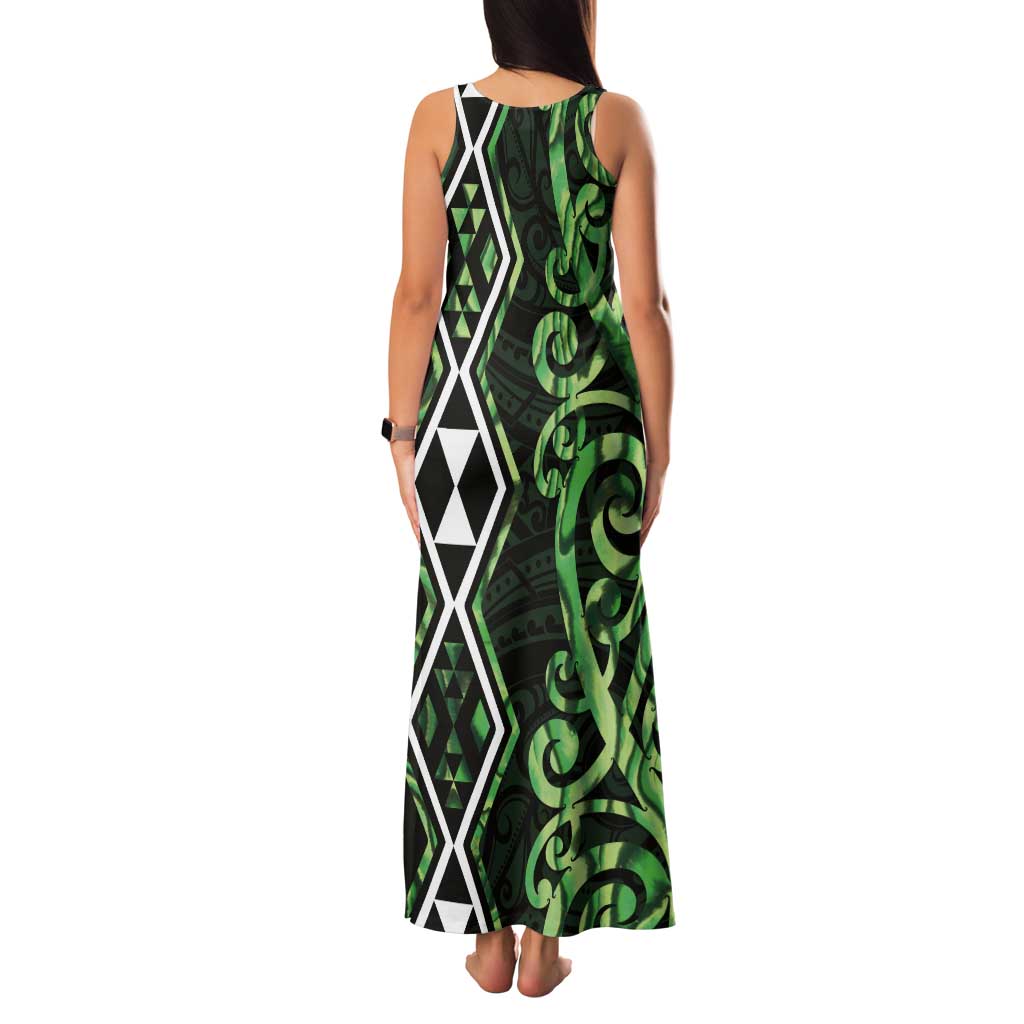 Green Aotearoa Tank Maxi Dress Taniko Motifs With Paua Shell Kowhaiwhai