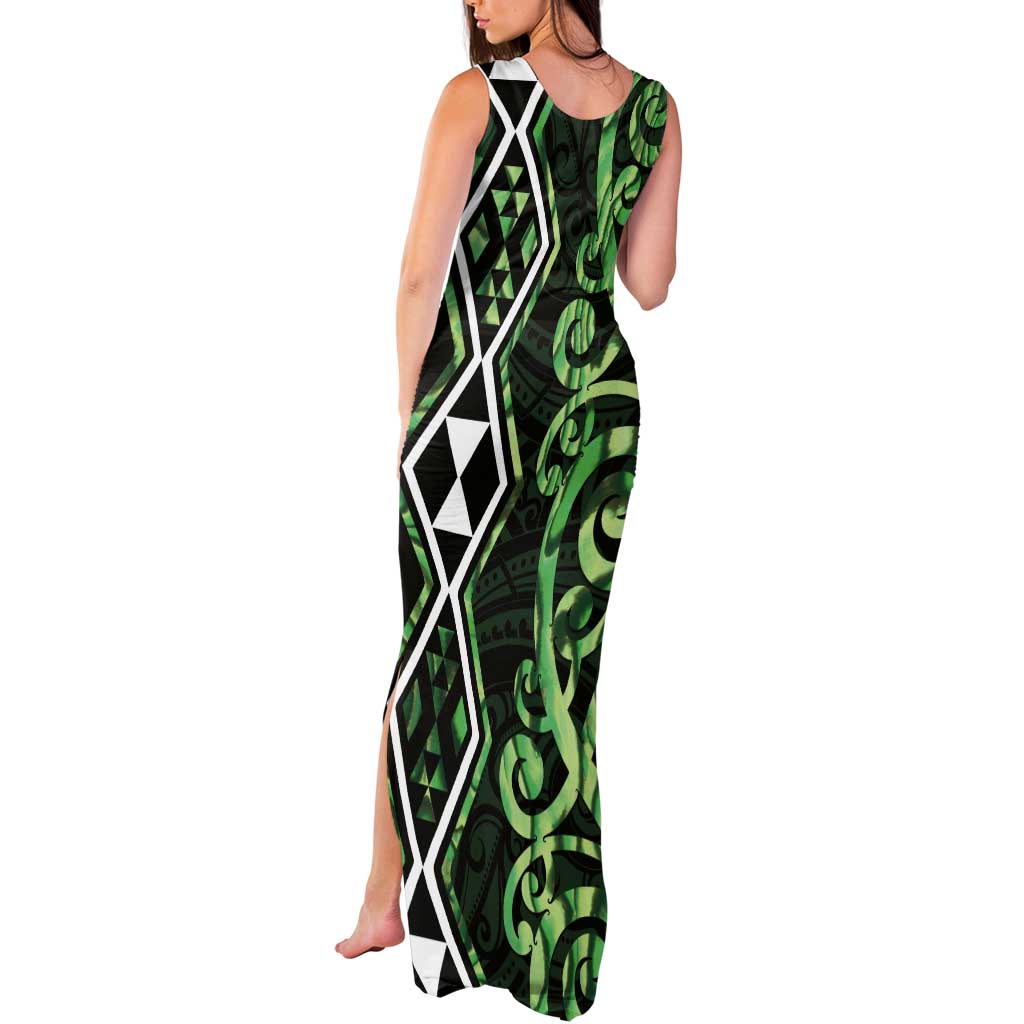 Green Aotearoa Tank Maxi Dress Taniko Motifs With Paua Shell Kowhaiwhai