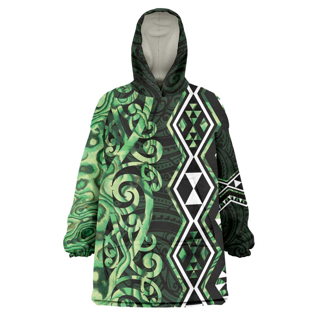 Green Aotearoa Wearable Blanket Hoodie Taniko Motifs With Paua Shell Kowhaiwhai - Vibe Hoodie Shop