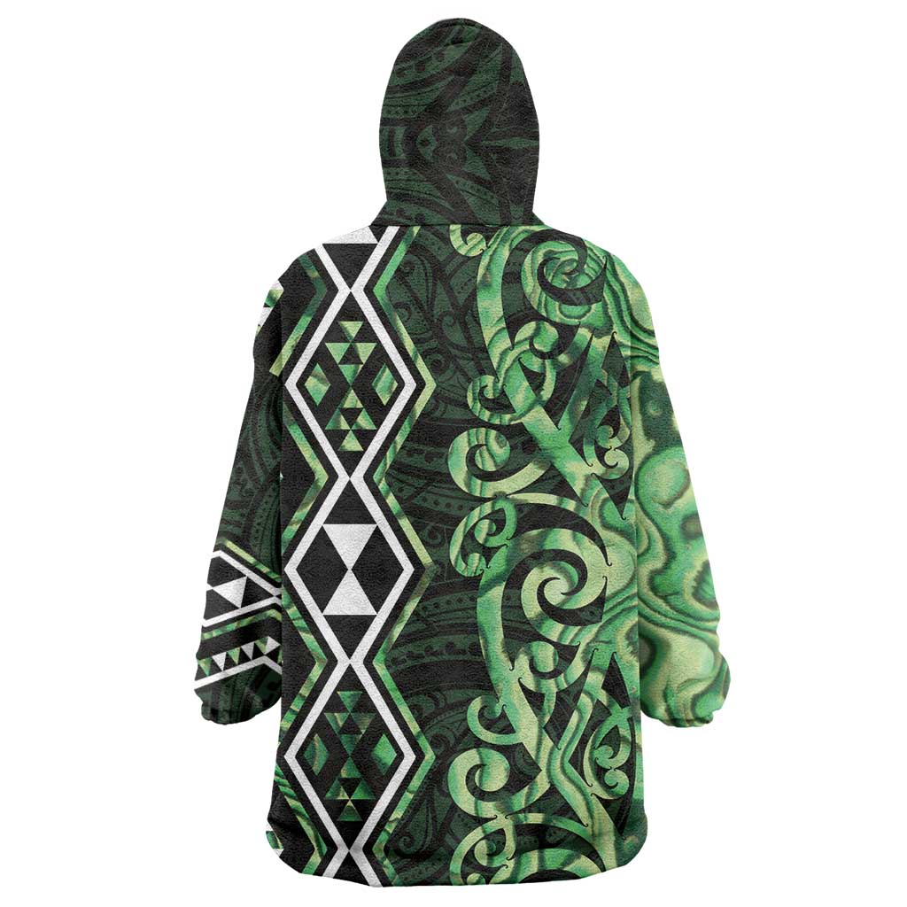 Green Aotearoa Wearable Blanket Hoodie Taniko Motifs With Paua Shell Kowhaiwhai - Vibe Hoodie Shop