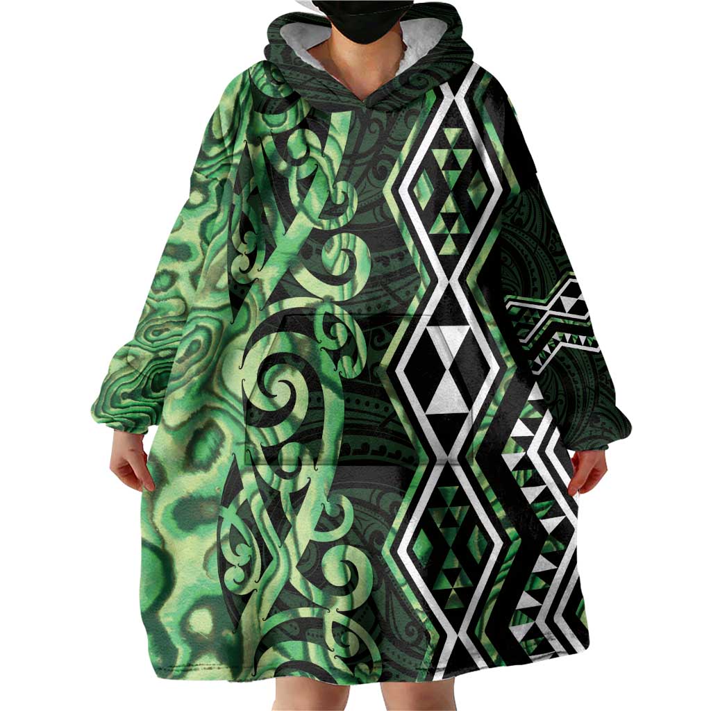 Green Aotearoa Wearable Blanket Hoodie Taniko Motifs With Paua Shell Kowhaiwhai - Vibe Hoodie Shop