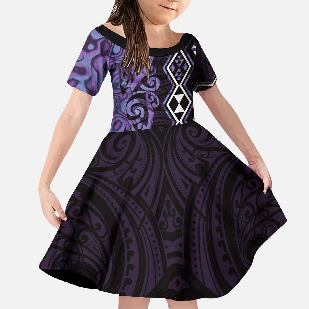 Purple Aotearoa Family Matching Long Sleeve Bodycon Dress and Hawaiian Shirt Taniko Motifs With Paua Shell Kowhaiwhai