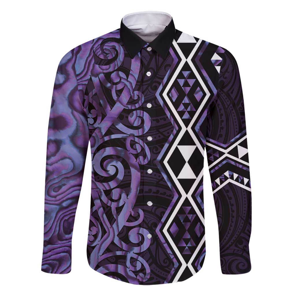 Purple Aotearoa Family Matching Long Sleeve Bodycon Dress and Hawaiian Shirt Taniko Motifs With Paua Shell Kowhaiwhai