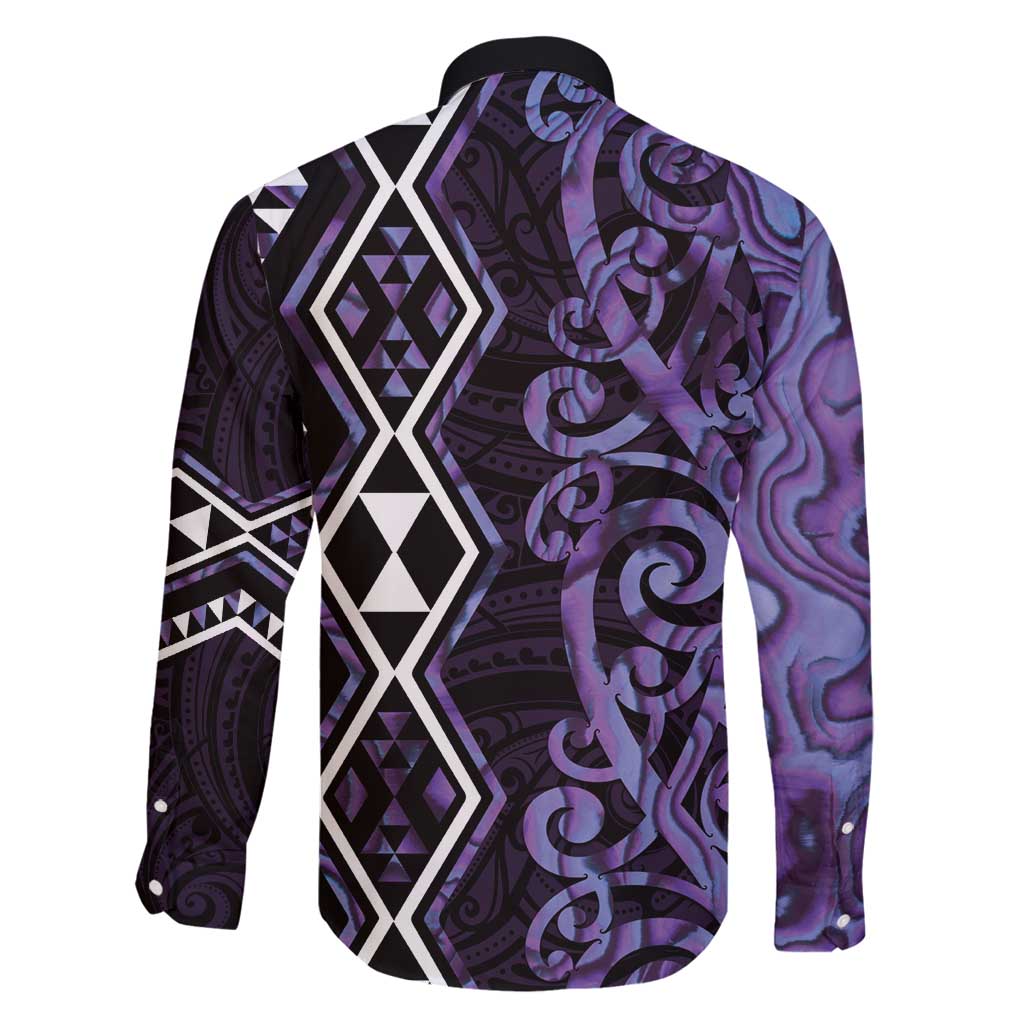 Purple Aotearoa Family Matching Long Sleeve Bodycon Dress and Hawaiian Shirt Taniko Motifs With Paua Shell Kowhaiwhai