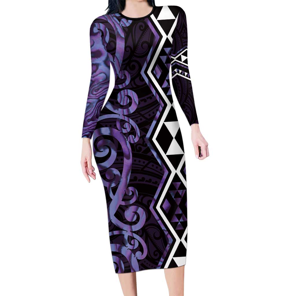 Purple Aotearoa Family Matching Long Sleeve Bodycon Dress and Hawaiian Shirt Taniko Motifs With Paua Shell Kowhaiwhai