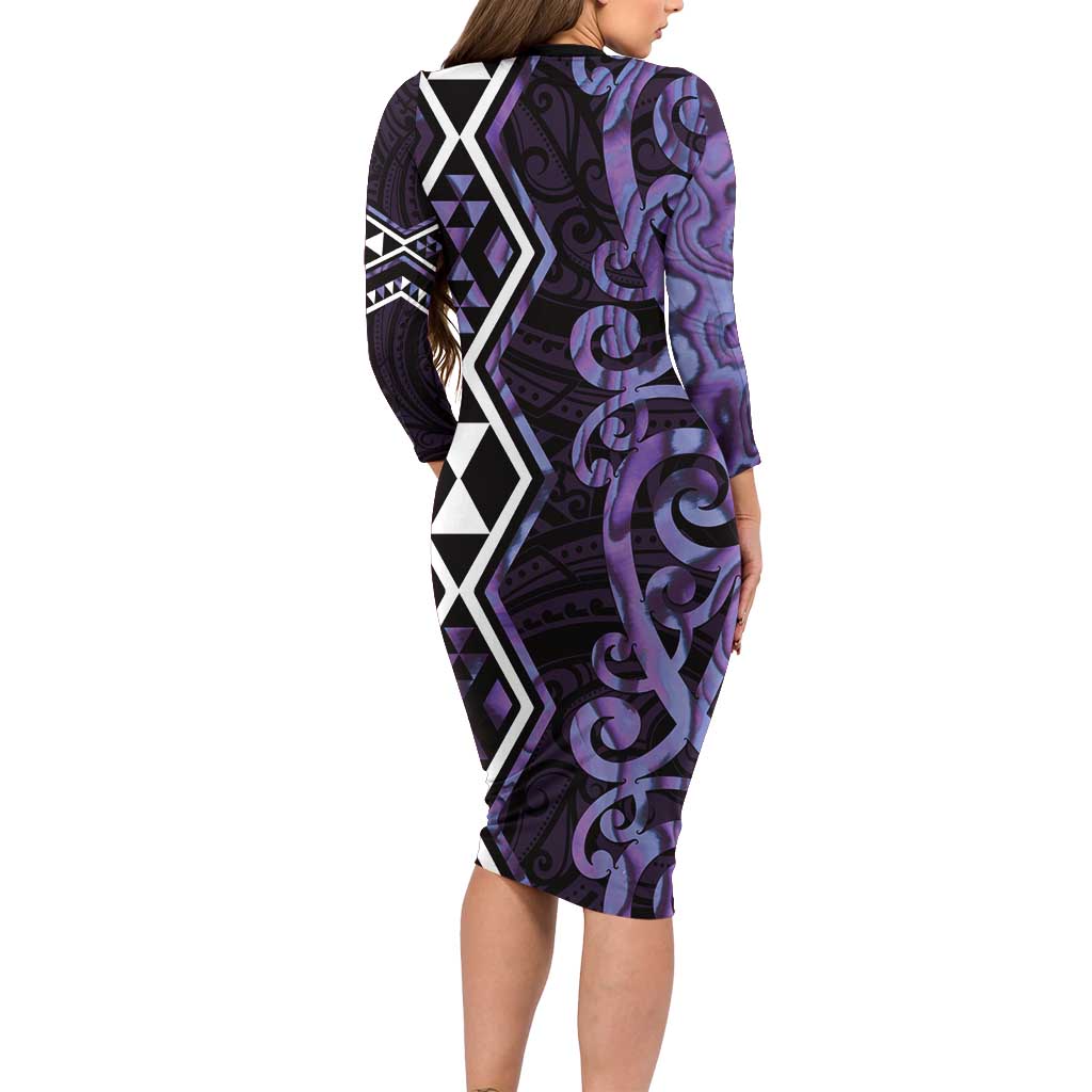 Purple Aotearoa Family Matching Long Sleeve Bodycon Dress and Hawaiian Shirt Taniko Motifs With Paua Shell Kowhaiwhai