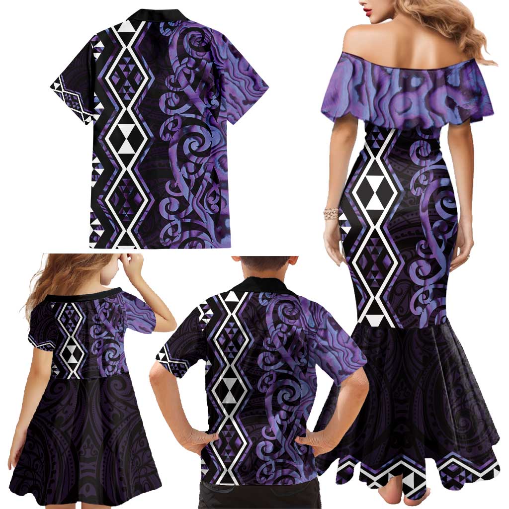 Purple Aotearoa Family Matching Mermaid Dress and Hawaiian Shirt Taniko Motifs With Paua Shell Kowhaiwhai