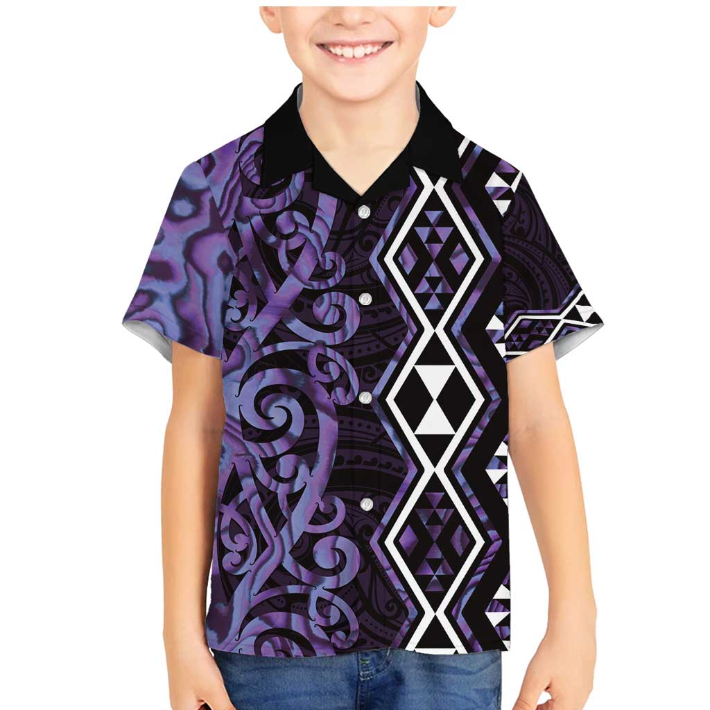 Purple Aotearoa Family Matching Mermaid Dress and Hawaiian Shirt Taniko Motifs With Paua Shell Kowhaiwhai