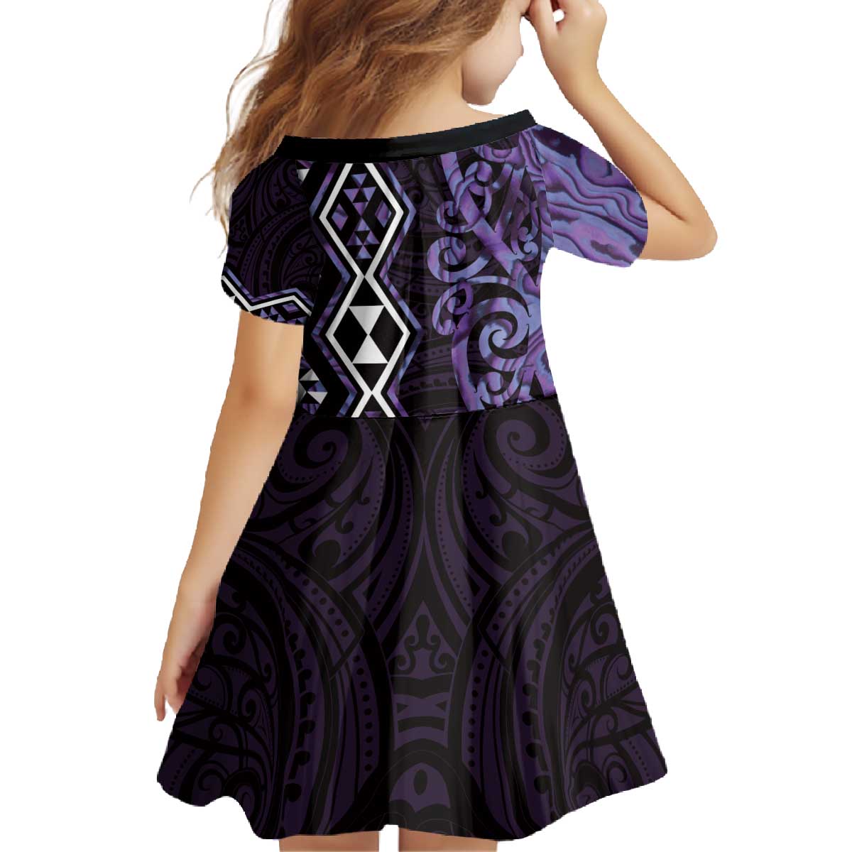 Purple Aotearoa Family Matching Off The Shoulder Long Sleeve Dress and Hawaiian Shirt Taniko Motifs With Paua Shell Kowhaiwhai