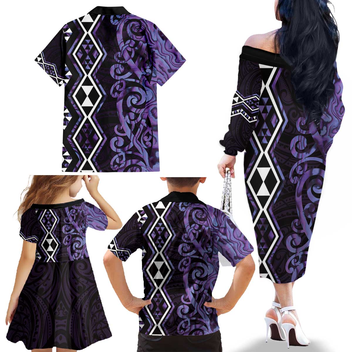 Purple Aotearoa Family Matching Off The Shoulder Long Sleeve Dress and Hawaiian Shirt Taniko Motifs With Paua Shell Kowhaiwhai