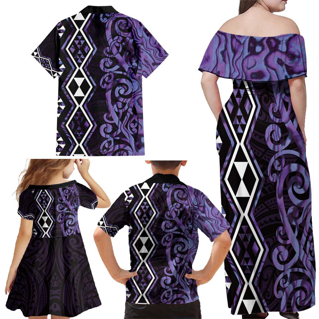 Purple Aotearoa Family Matching Off Shoulder Maxi Dress and Hawaiian Shirt Taniko Motifs With Paua Shell Kowhaiwhai