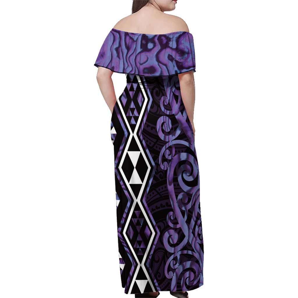 Purple Aotearoa Family Matching Off Shoulder Maxi Dress and Hawaiian Shirt Taniko Motifs With Paua Shell Kowhaiwhai