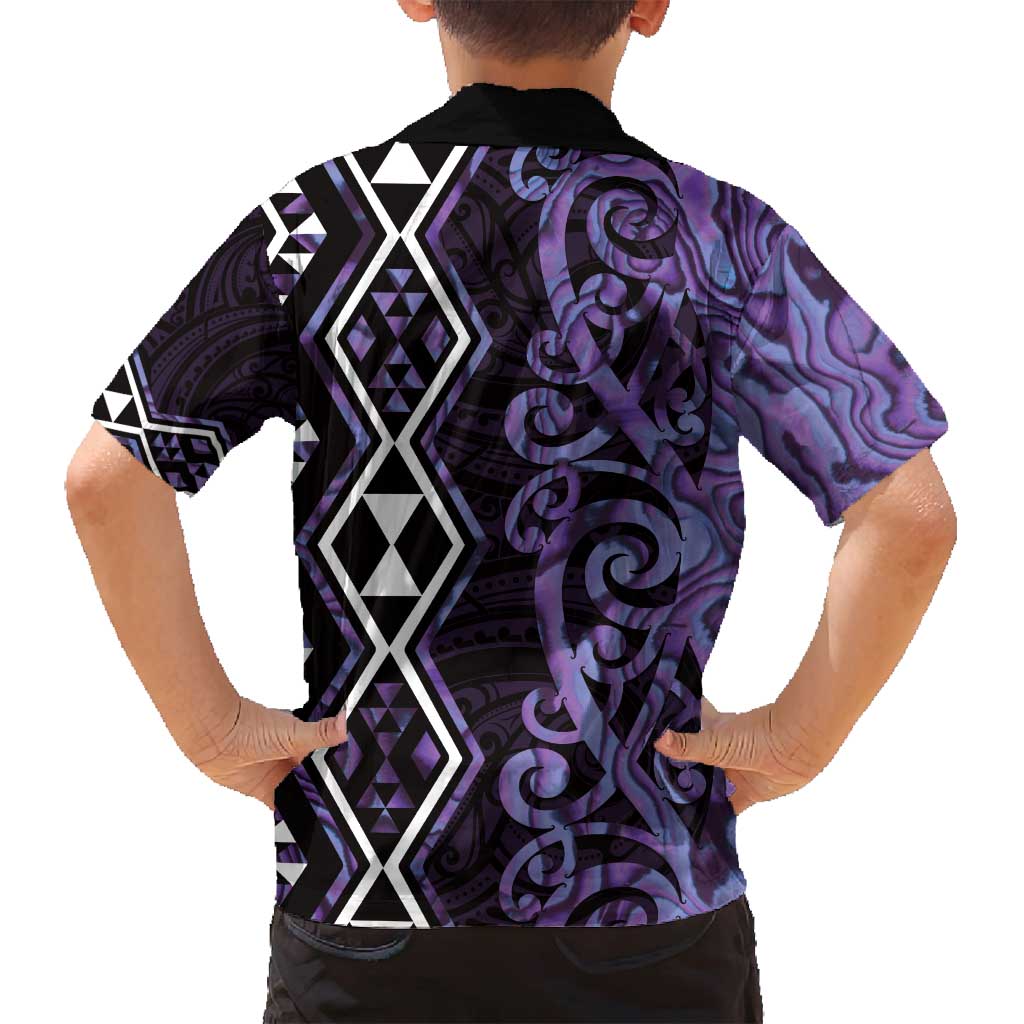 Purple Aotearoa Family Matching Off Shoulder Short Dress and Hawaiian Shirt Taniko Motifs With Paua Shell Kowhaiwhai