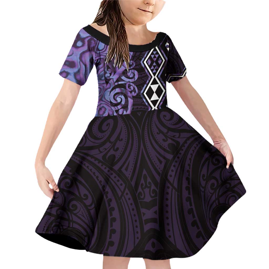 Purple Aotearoa Family Matching Off Shoulder Short Dress and Hawaiian Shirt Taniko Motifs With Paua Shell Kowhaiwhai