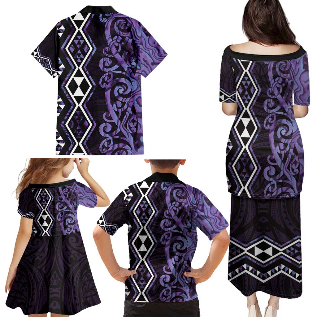 Purple Aotearoa Family Matching Puletasi and Hawaiian Shirt Taniko Motifs With Paua Shell Kowhaiwhai