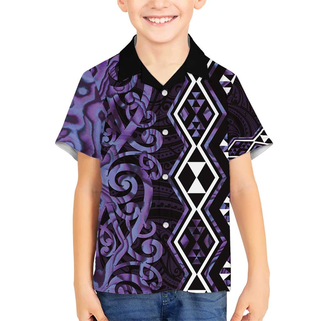 Purple Aotearoa Family Matching Puletasi and Hawaiian Shirt Taniko Motifs With Paua Shell Kowhaiwhai