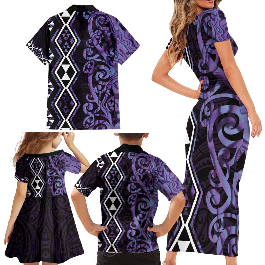 Purple Aotearoa Family Matching Short Sleeve Bodycon Dress and Hawaiian Shirt Taniko Motifs With Paua Shell Kowhaiwhai