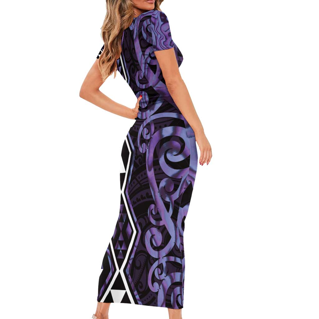 Purple Aotearoa Family Matching Short Sleeve Bodycon Dress and Hawaiian Shirt Taniko Motifs With Paua Shell Kowhaiwhai