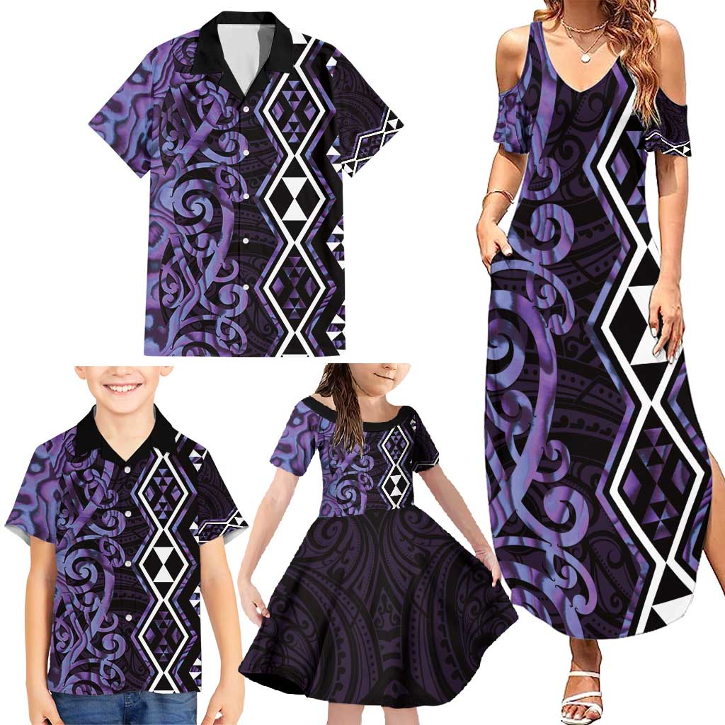 Purple Aotearoa Family Matching Summer Maxi Dress and Hawaiian Shirt Taniko Motifs With Paua Shell Kowhaiwhai