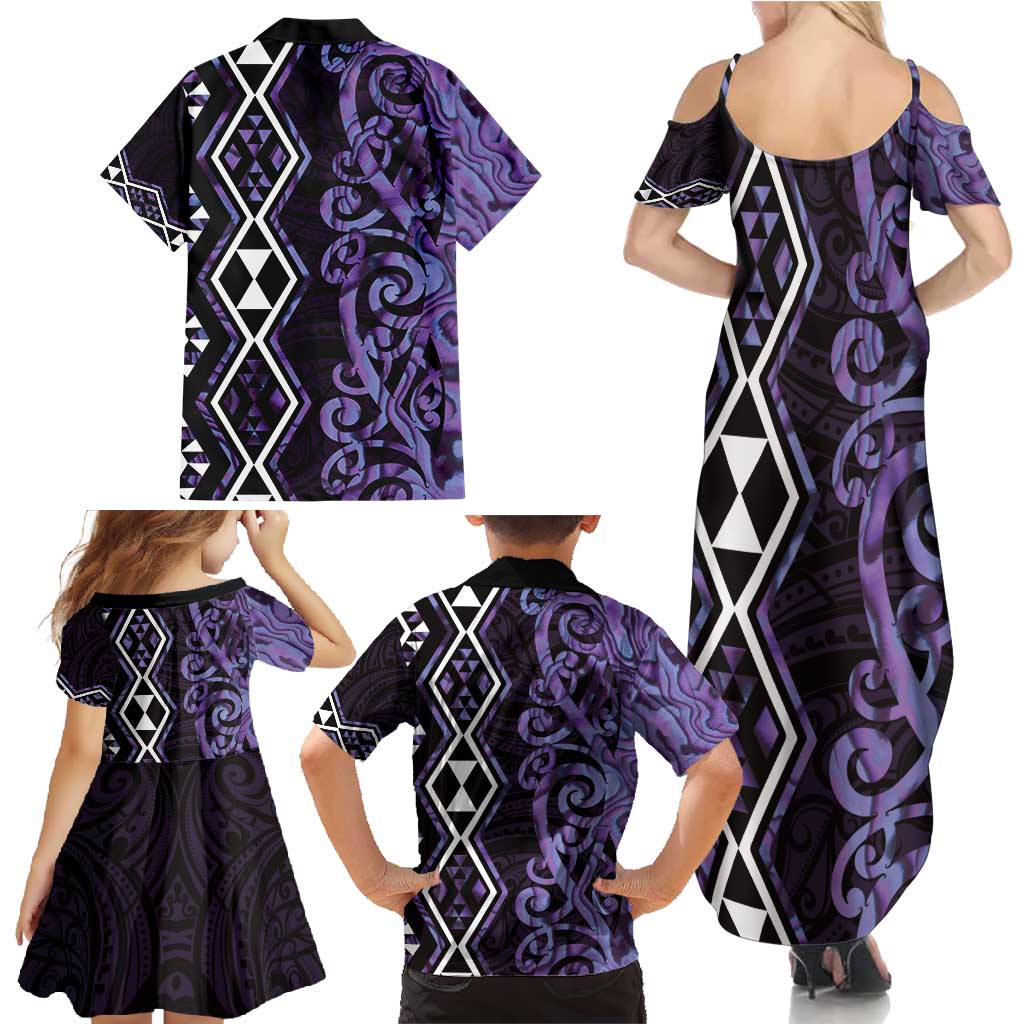 Purple Aotearoa Family Matching Summer Maxi Dress and Hawaiian Shirt Taniko Motifs With Paua Shell Kowhaiwhai