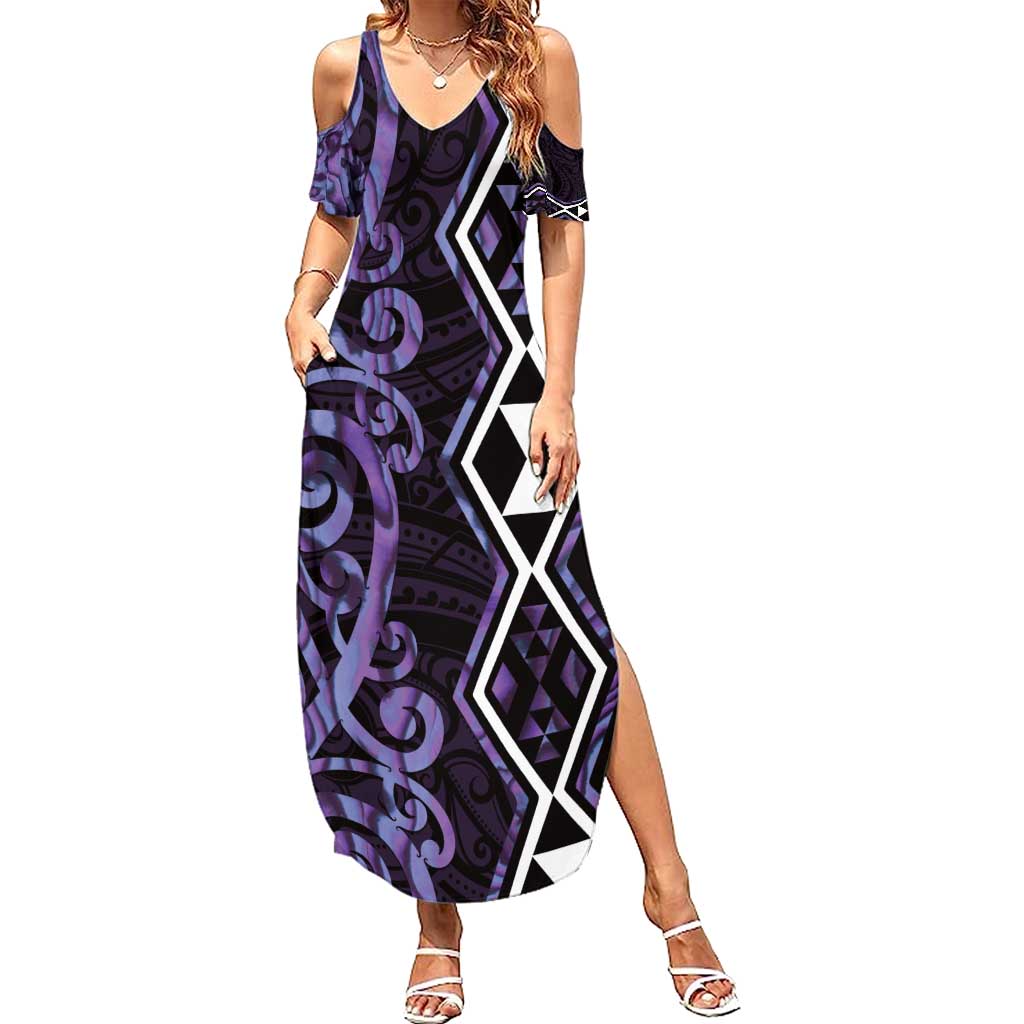 Purple Aotearoa Family Matching Summer Maxi Dress and Hawaiian Shirt Taniko Motifs With Paua Shell Kowhaiwhai