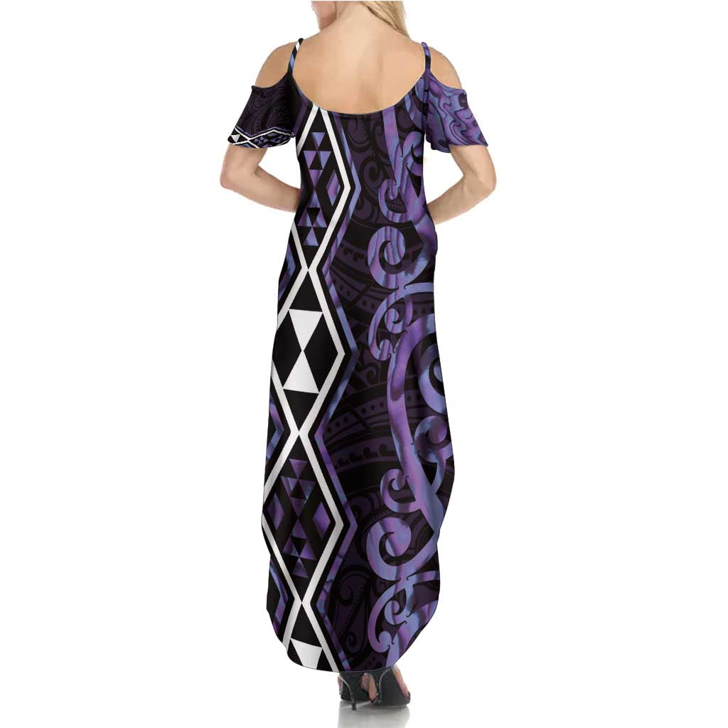 Purple Aotearoa Family Matching Summer Maxi Dress and Hawaiian Shirt Taniko Motifs With Paua Shell Kowhaiwhai