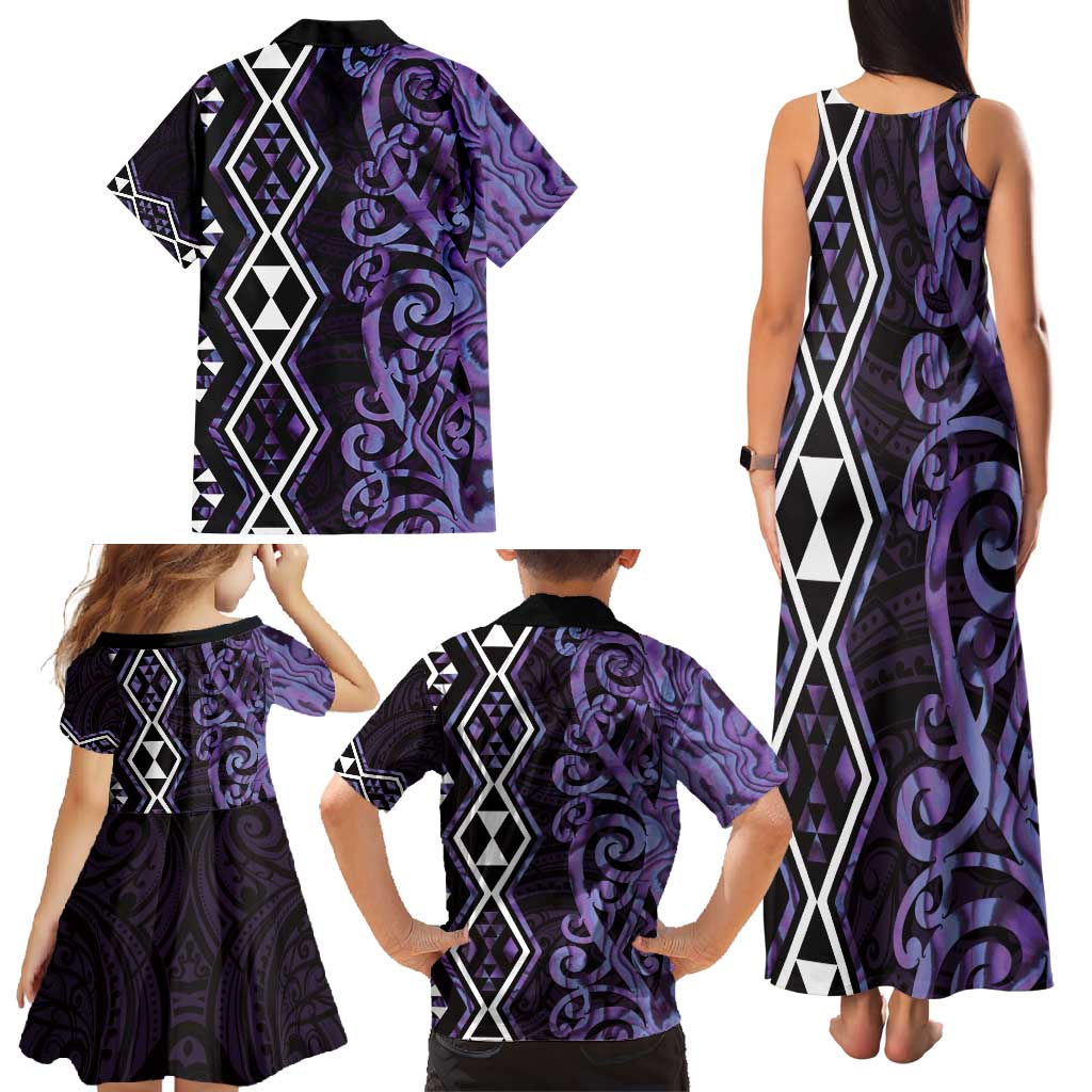 Purple Aotearoa Family Matching Tank Maxi Dress and Hawaiian Shirt Taniko Motifs With Paua Shell Kowhaiwhai