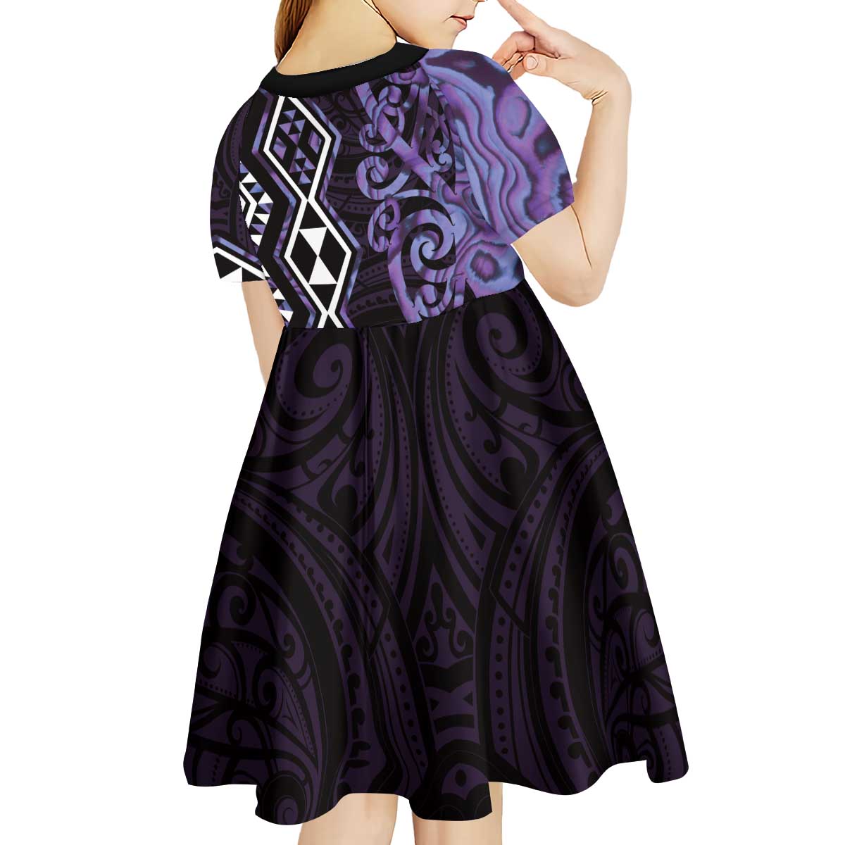 Purple Aotearoa Kid Short Sleeve Dress Taniko Motifs With Paua Shell Kowhaiwhai - Vibe Hoodie Shop