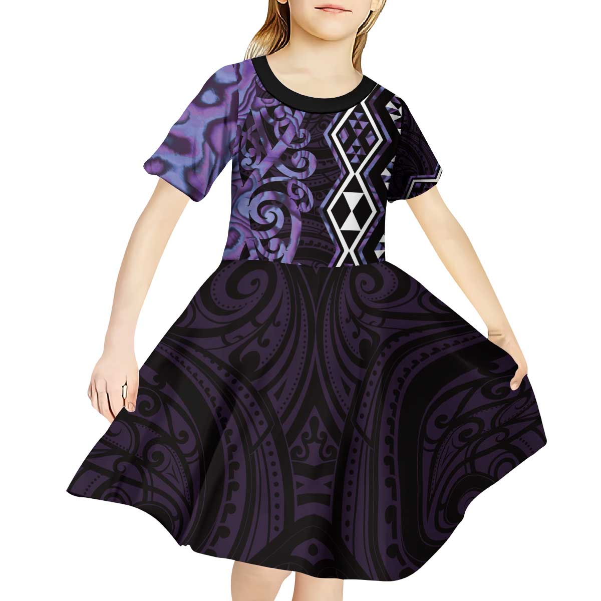 Purple Aotearoa Kid Short Sleeve Dress Taniko Motifs With Paua Shell Kowhaiwhai - Vibe Hoodie Shop