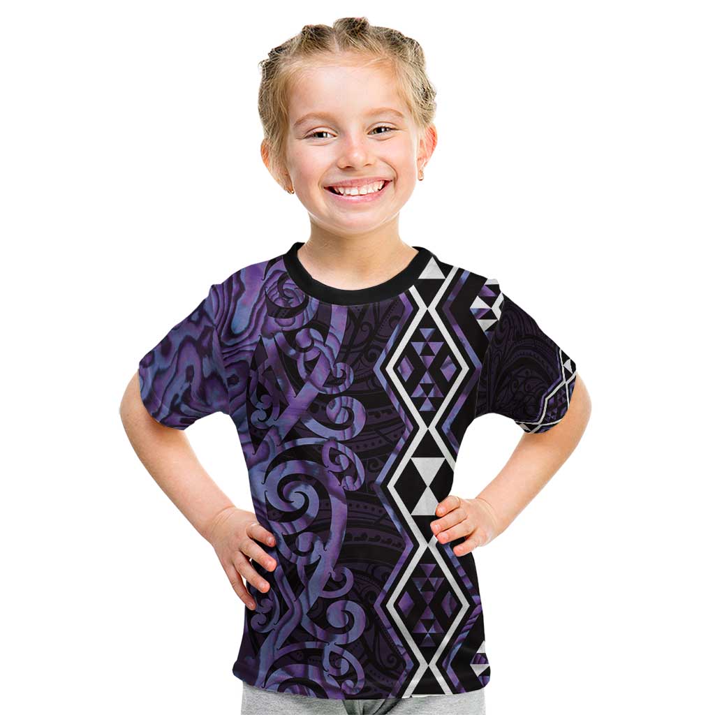 Purple Aotearoa Kid T Shirt Taniko Motifs With Paua Shell Kowhaiwhai - Vibe Hoodie Shop