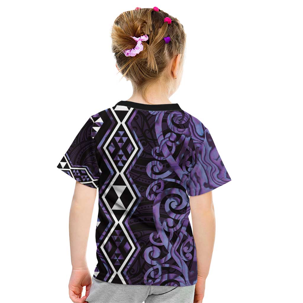 Purple Aotearoa Kid T Shirt Taniko Motifs With Paua Shell Kowhaiwhai - Vibe Hoodie Shop