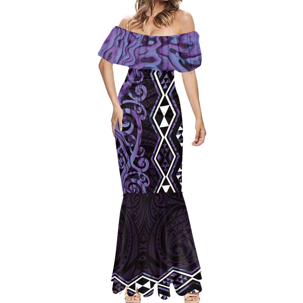 Purple Aotearoa Mermaid Dress Taniko Motifs With Paua Shell Kowhaiwhai