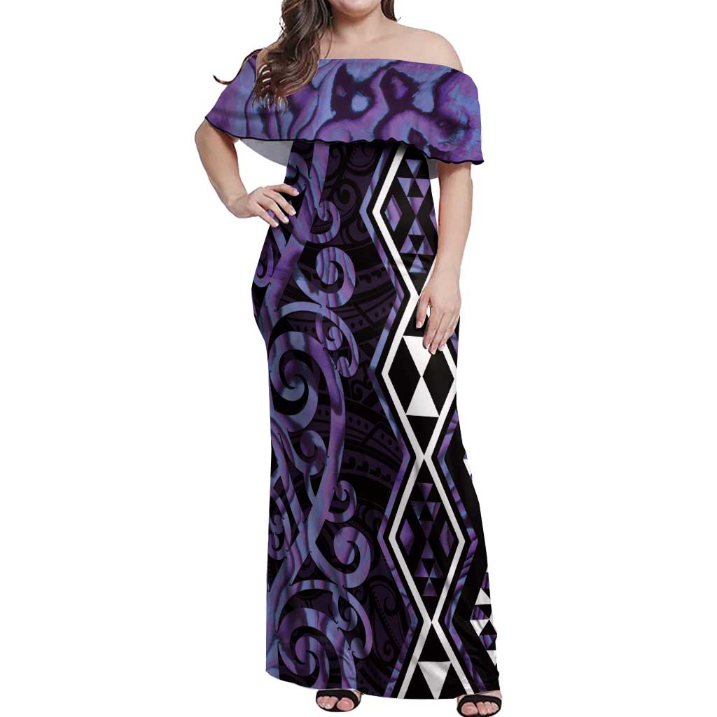 Purple Aotearoa Off Shoulder Maxi Dress Taniko Motifs With Paua Shell Kowhaiwhai