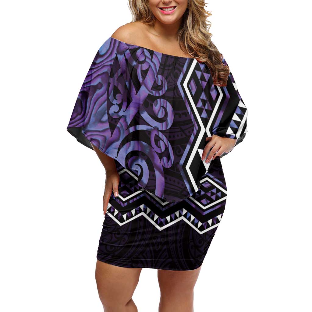 Purple Aotearoa Off Shoulder Short Dress Taniko Motifs With Paua Shell Kowhaiwhai