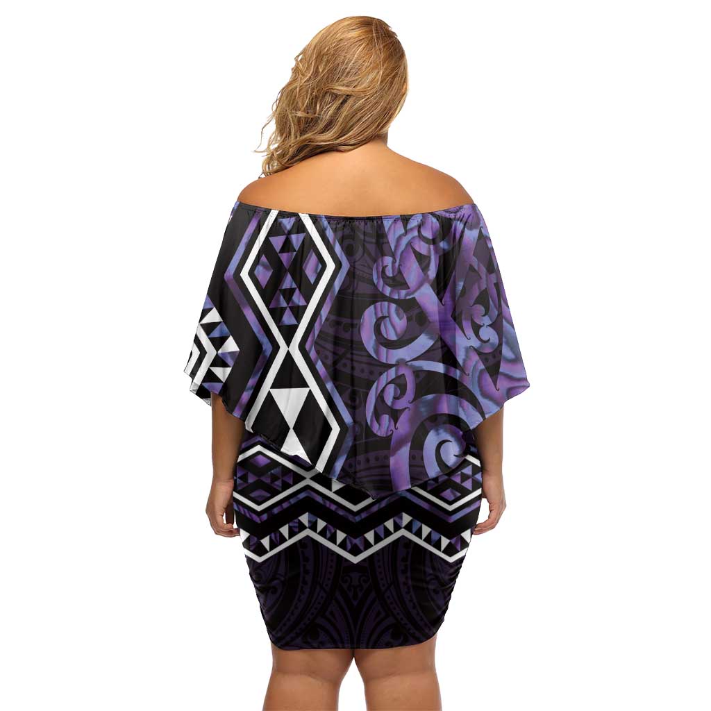 Purple Aotearoa Off Shoulder Short Dress Taniko Motifs With Paua Shell Kowhaiwhai