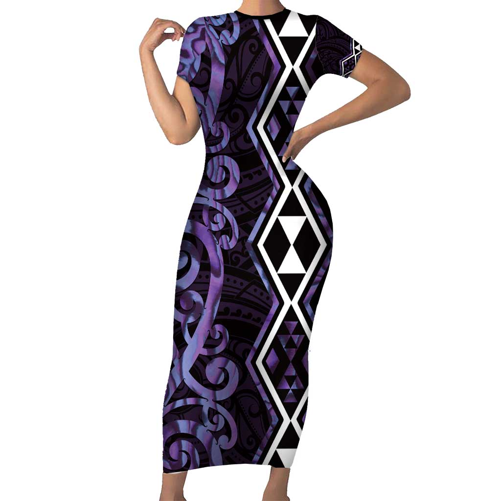 Purple Aotearoa Short Sleeve Bodycon Dress Taniko Motifs With Paua Shell Kowhaiwhai