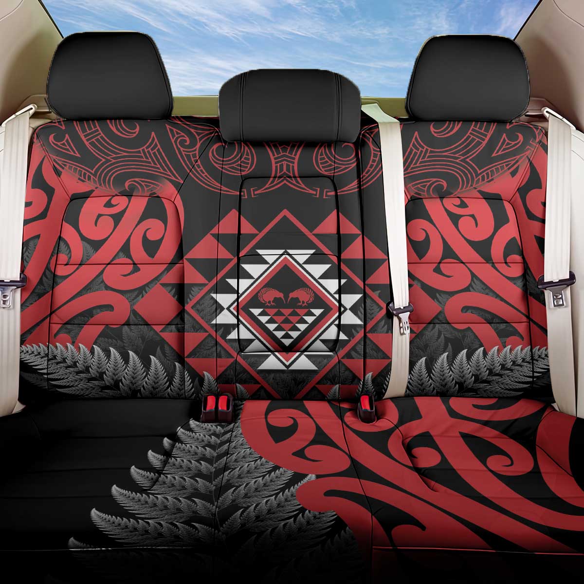 Aotearoa Kiwi Taniko Back Car Seat Cover Silver Fern With Maori Koru Pattern