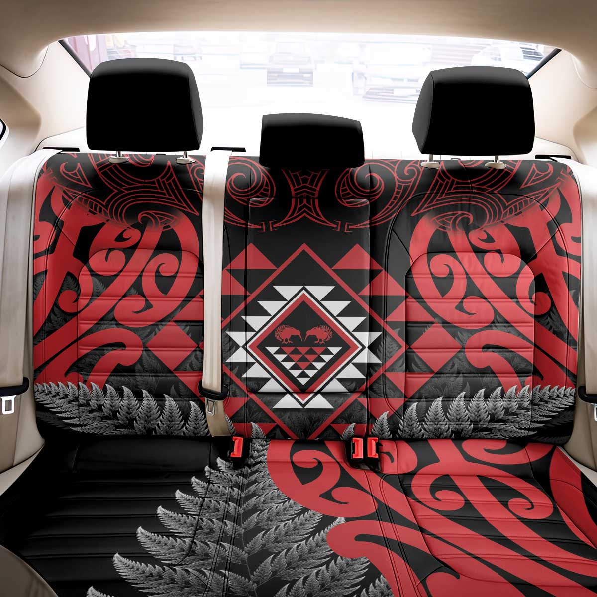 Aotearoa Kiwi Taniko Back Car Seat Cover Silver Fern With Maori Koru Pattern