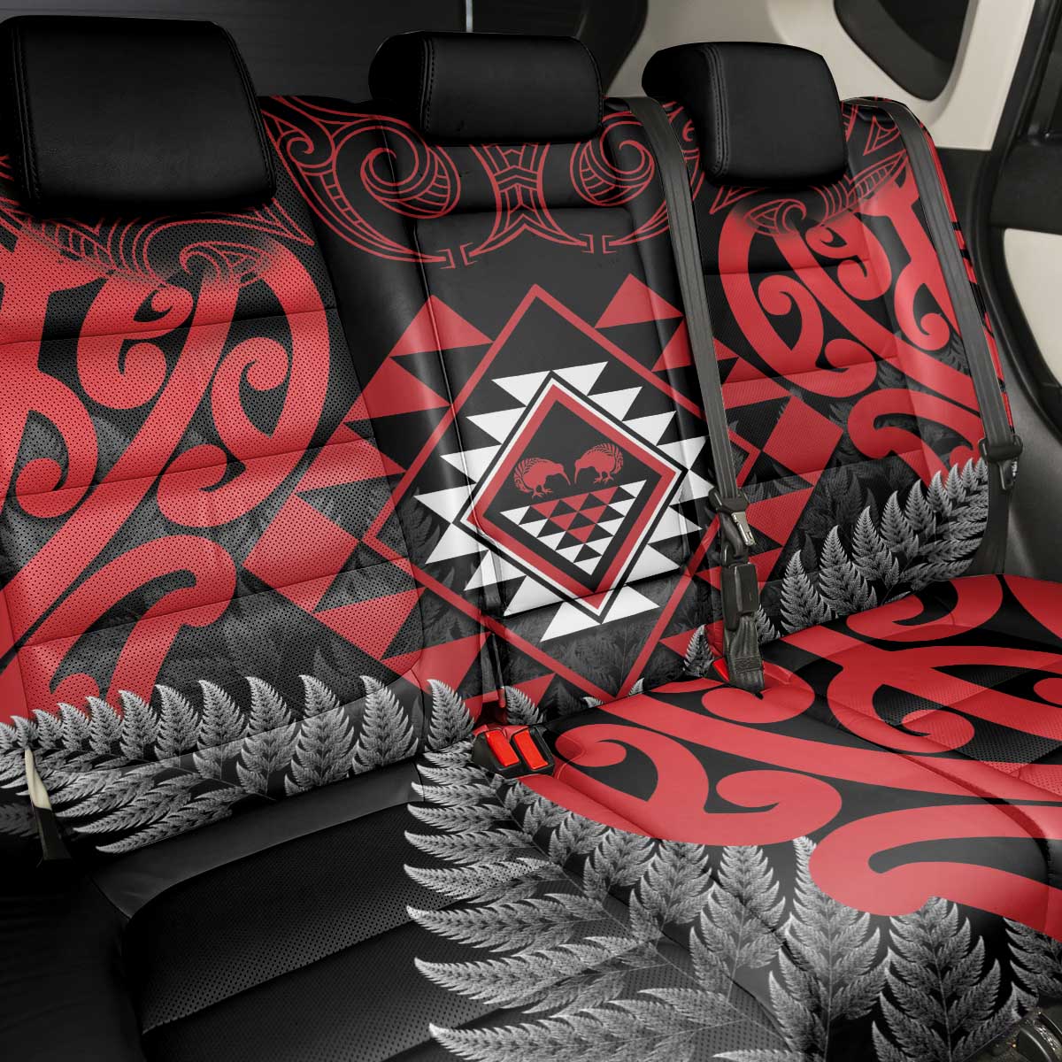 Aotearoa Kiwi Taniko Back Car Seat Cover Silver Fern With Maori Koru Pattern