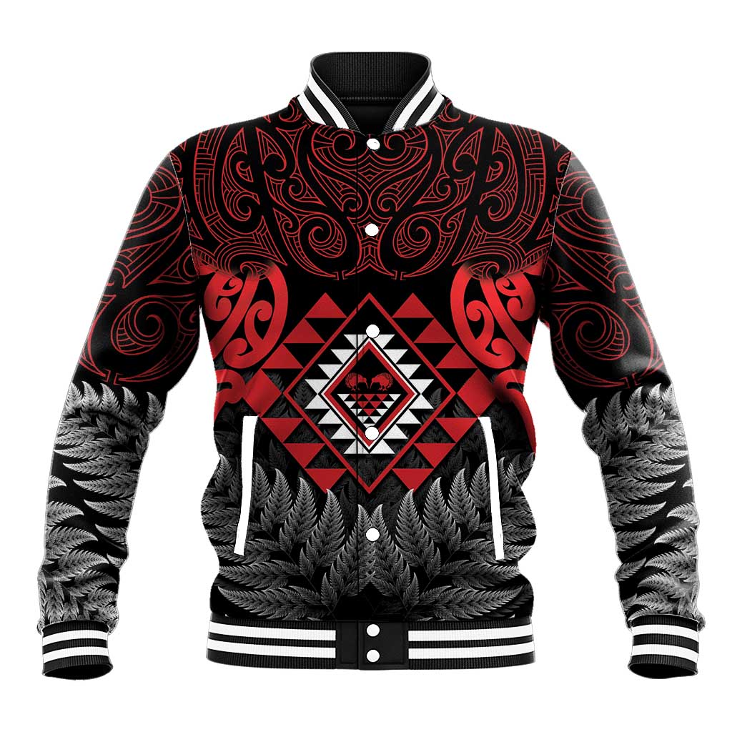 Aotearoa Kiwi Taniko Baseball Jacket Silver Fern With Maori Koru Pattern - Vibe Hoodie Shop