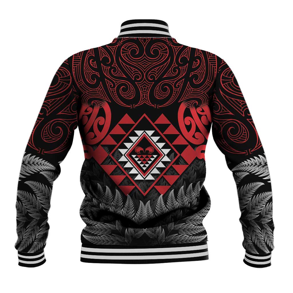 Aotearoa Kiwi Taniko Baseball Jacket Silver Fern With Maori Koru Pattern - Vibe Hoodie Shop