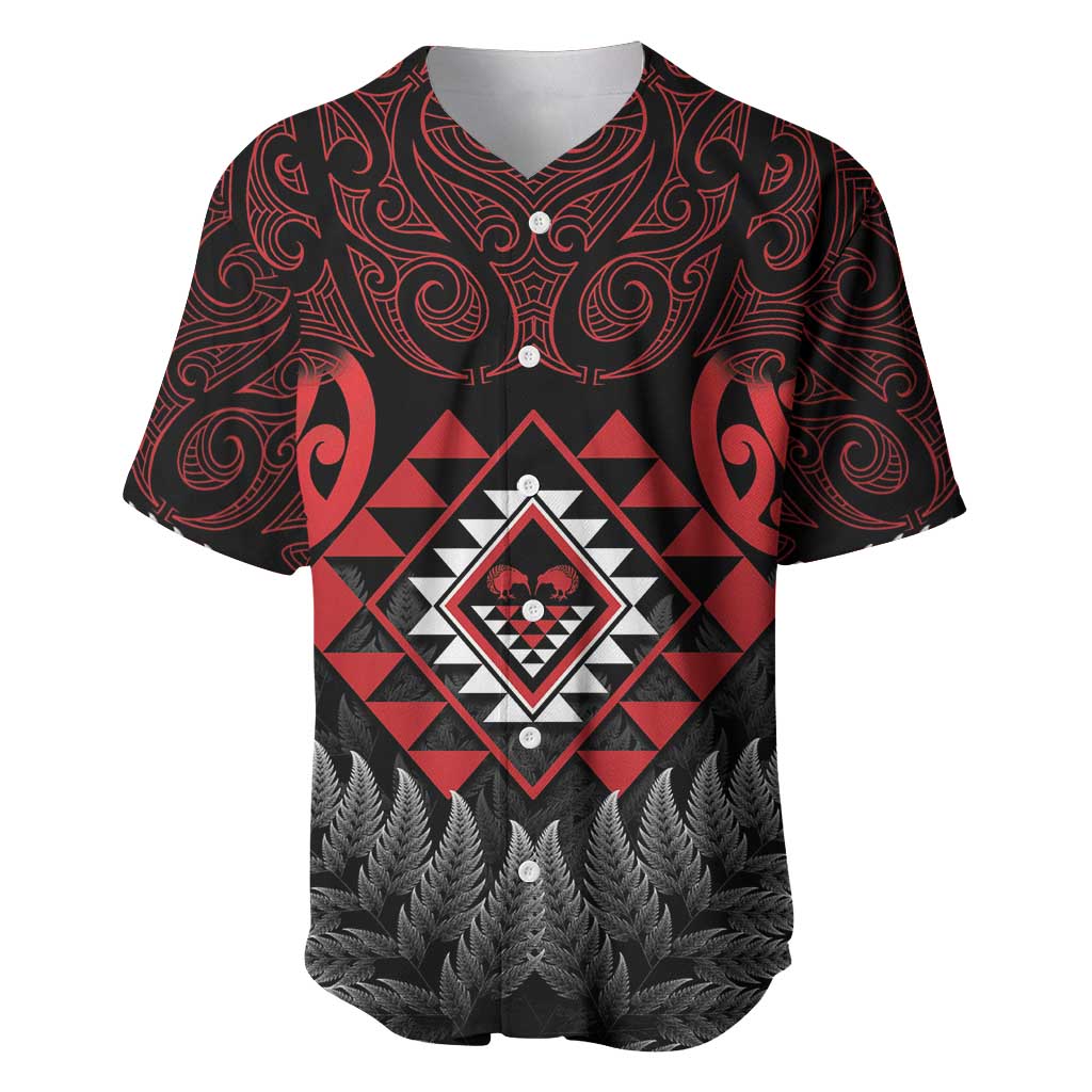 Aotearoa Kiwi Taniko Baseball Jersey Silver Fern With Maori Koru Pattern - Vibe Hoodie Shop